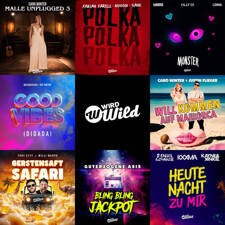 Release covers of the WIRD WILD label, including Caro Winter, Bassmassage and Kayne & Kinkel